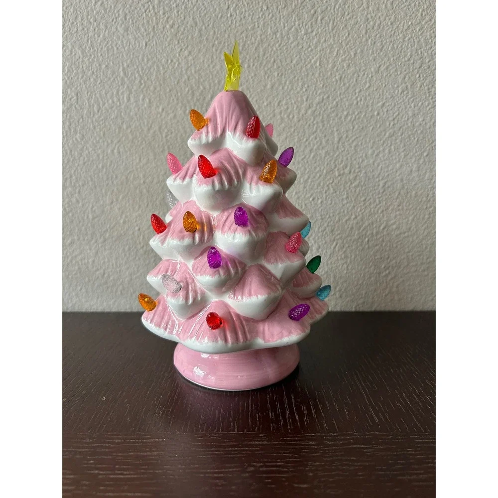 Retro Pink Glaze Ceramic Led Light Up Charming Christmas Tree Decor